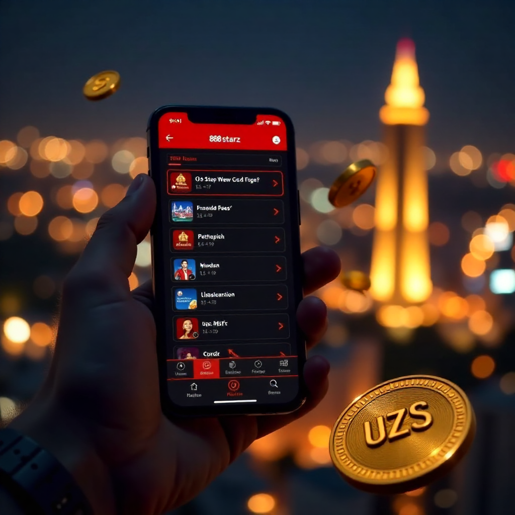 A hand holding a luxury smartphone displaying the official 888starz Uzbekistan app with its signature red and black interface, background is the Tashkent City skyline and Hilton tower at night with vibrant golden bokeh lights, 3D golden coins with UZS sym